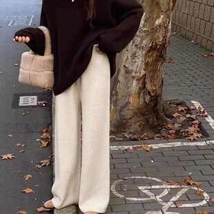 秋冬加厚羊毛阔腿裤女垂感针织直筒长裤羊绒外穿小个子拖地裤