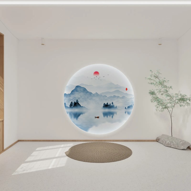 定制圆形新中式玄关装饰画水墨圆圈弧F形山水壁纸过道走廊背景墙图片