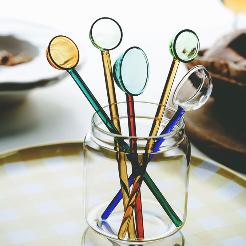 可爱彩色耐高温玻璃勺 透明牛奶咖啡酸奶搅拌勺家用长柄汤勺调羹