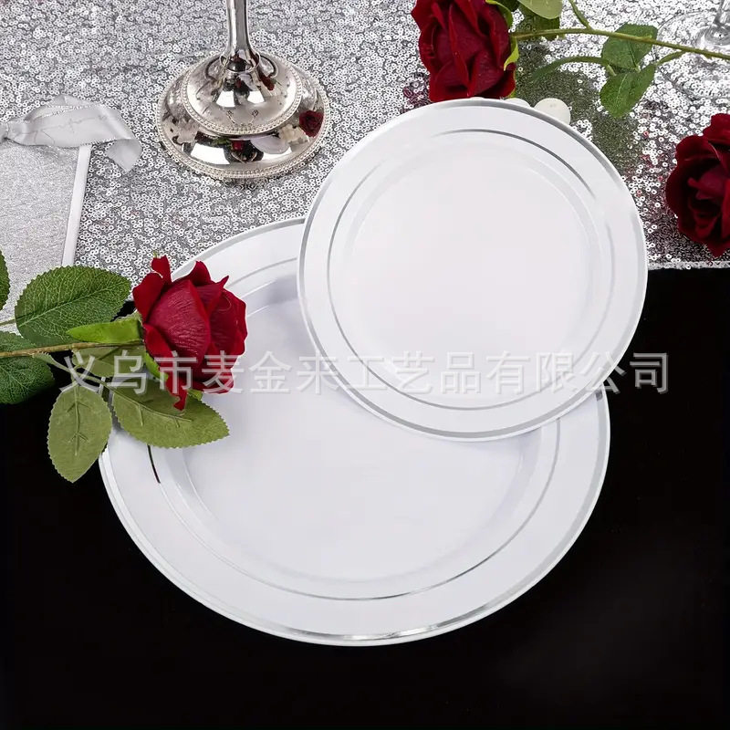 跨境热卖200件塑料餐盘套装一次性白色银边塑料盘纯黑餐盘套装