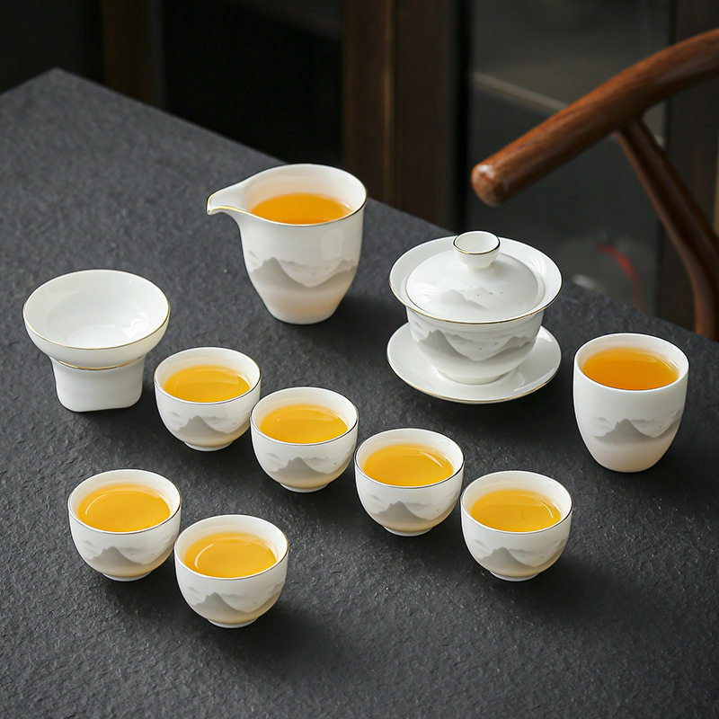 晟翔陶瓷茶具羊脂玉陶瓷百格山峰盖碗10头加主人杯 11件套