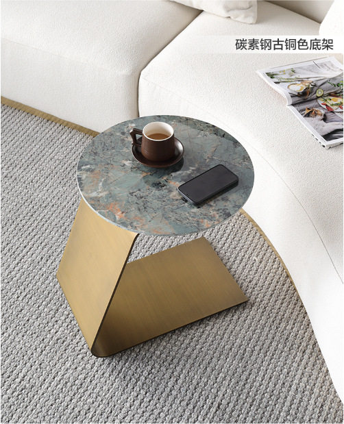 意式轻奢岩板边几简约现代圆形台面客厅小圆茶几大理石纹沙发角几