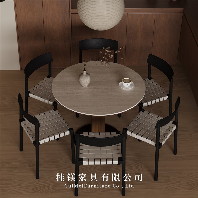 法式复古实木洞石岩板圆形餐桌家用轻奢高端中古T小户型圆桌椅组