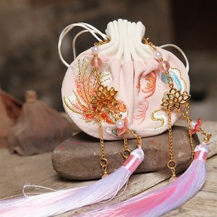 端午节安康汉代便携香袋海棠花香袋长流苏覆古风格 刺绣梦锦鲤金鱼