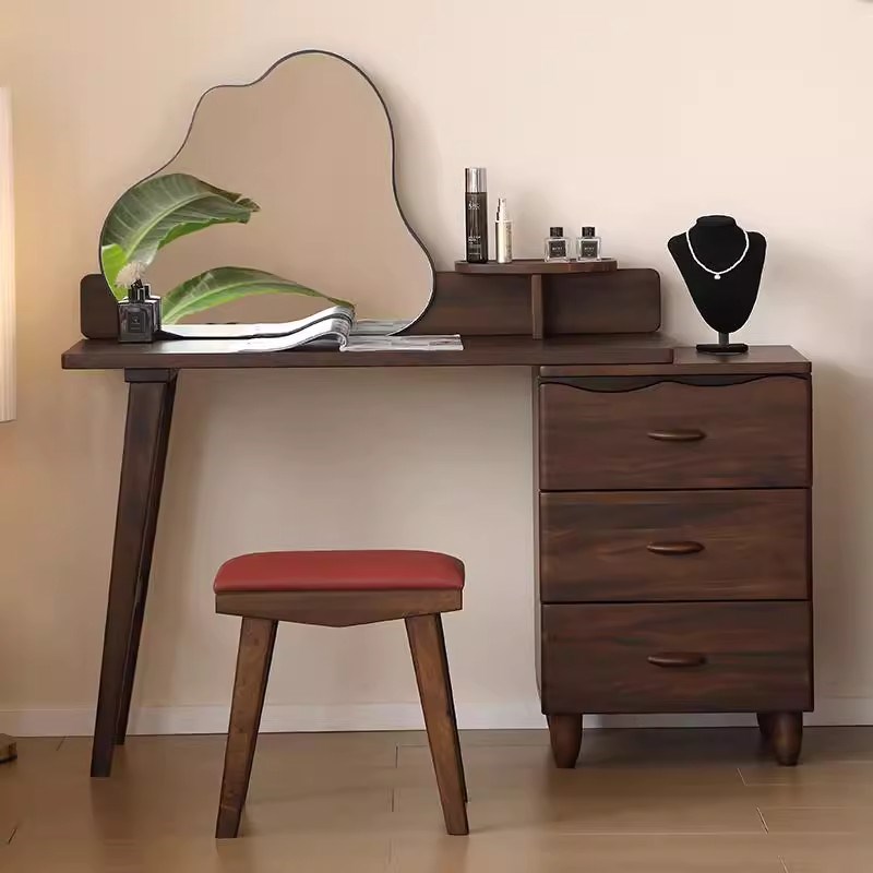 2025黑胡桃实木化妆台斗柜一体卧E室现代简约黑高级感化妆桌收纳