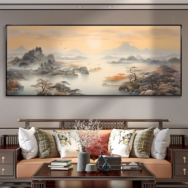 国画新中式客厅沙发背景墙装饰z画壁画茶室包间办公室山水风景挂