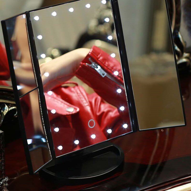 LED化妆镜带灯大号三折台式台灯镜子折叠梳妆镜方形公主镜usb插电