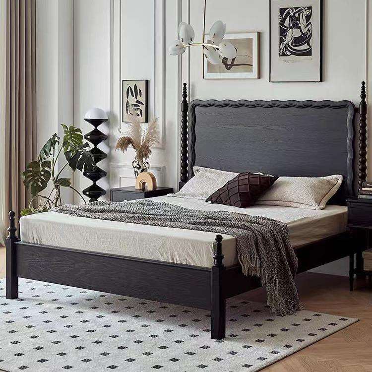 美式复古实木双人床中古风主卧家具卧室大床法式轻奢婚床头柜斗柜