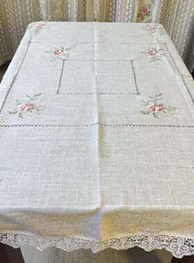 出口亚麻混纺绣花桌布茶几巾特惠110x160和130x180亚麻灰色