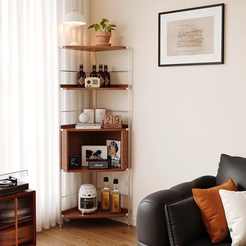 中古实木转角置物架不锈钢三角展示柜客厅沙发收纳架卧室书架角柜