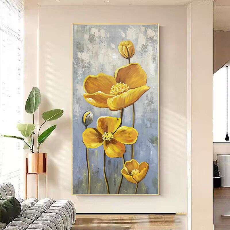 纯手绘油画现代花卉玄关装饰画美式轻奢别墅走廊过道楼梯手工壁画图片