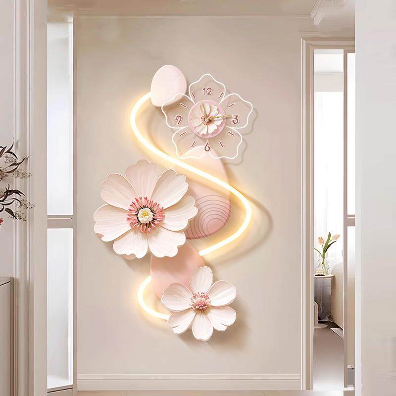 奶油风玄关装饰画入户创意花卉时钟壁灯画高级感走廊过道钟表挂画图片