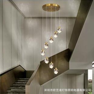 复式楼大吊灯别墅公寓楼梯创意棱形水晶轻奢loft楼梯间螺旋长吊灯