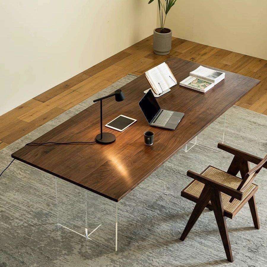 胡桃色餐饭桌亚克力悬浮书桌茶桌实木家用办公电脑学习大板桌简约