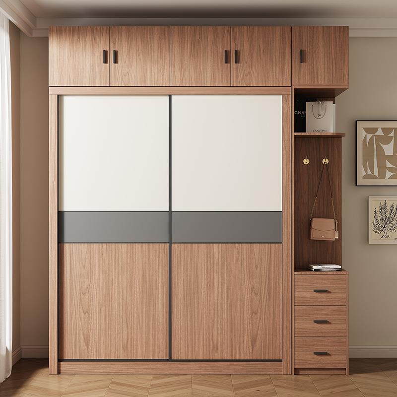 胡桃色推拉门衣柜轻奢多功能家用移滑门衣橱小户型出租房卧室柜子