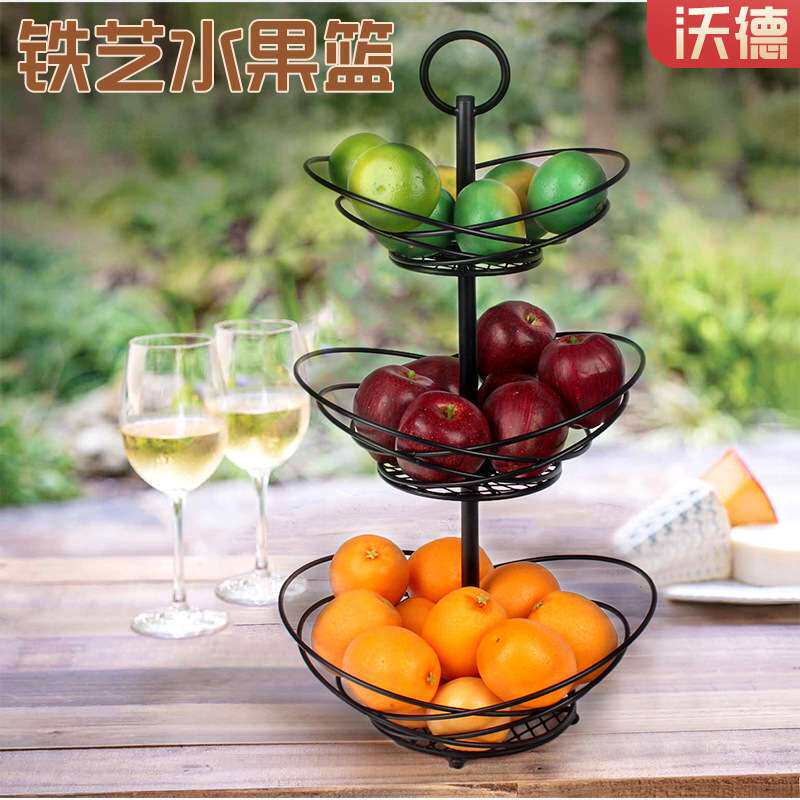 美式厨房蔬菜置物架 三层餐桌水果收纳篮 家用茶几简约铁艺蔬菜篮