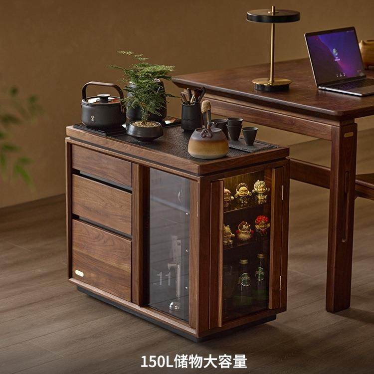 实木移动茶水柜新中式办公室黑胡桃木茶边柜下水茶桌侧边柜茶台