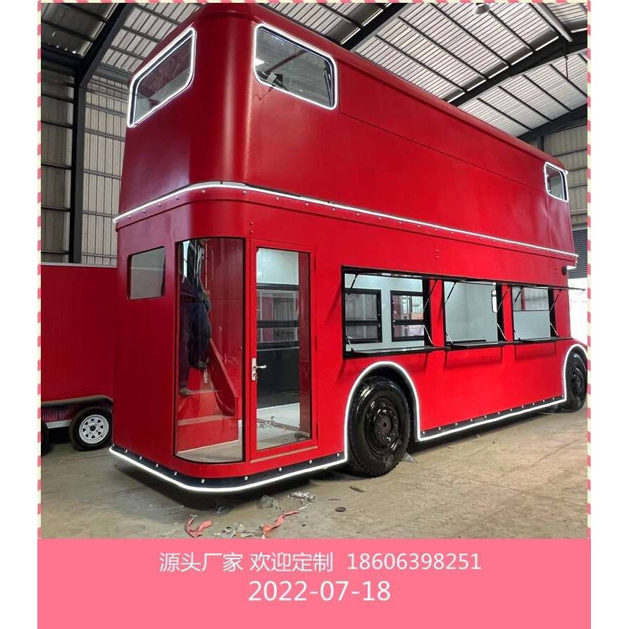 复古巴士模型餐车模型红色双层巴士车商业网红打卡车