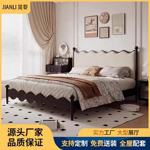 法式复古涟漪真皮床1.8米黑色双人主卧婚床复古风白蜡木全实木床
