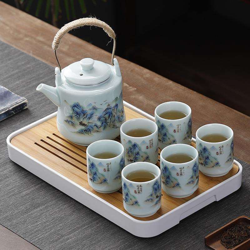 影青山水腰壶茶具套装大容量提梁壶茶杯整套带过滤网日式简约陶瓷