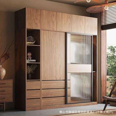 北欧推拉门衣柜家用卧室小户型组合玻璃移柜子滑门原木色成品衣橱
