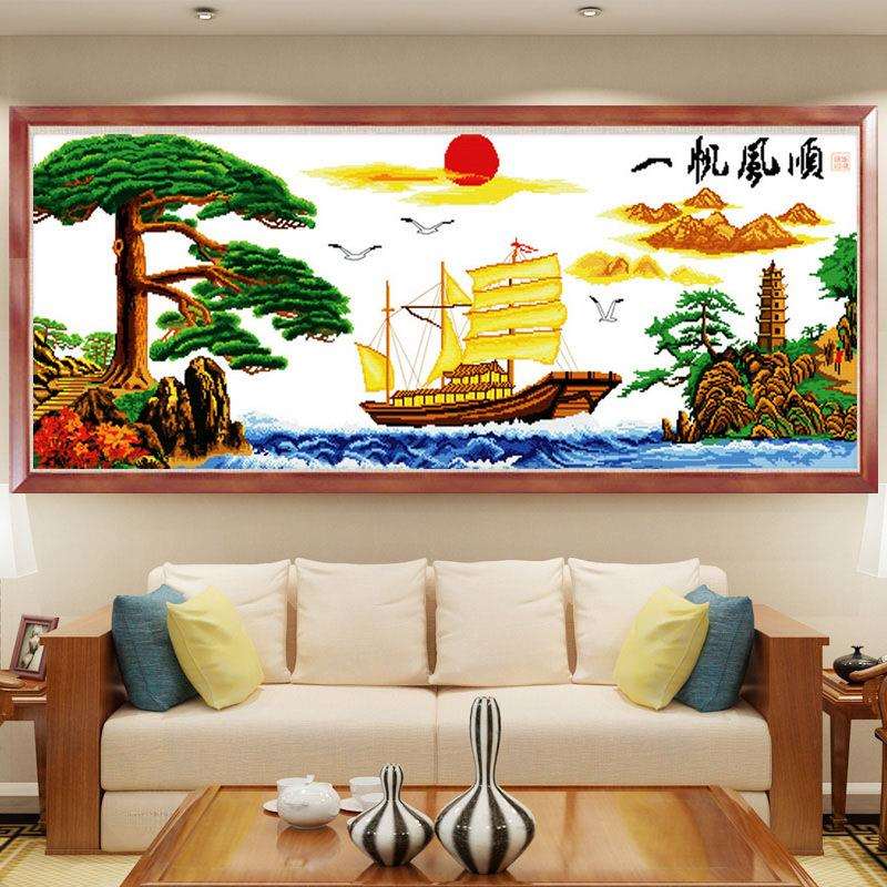 新款5D钻石画客厅满钻贴钻十字绣迎客松一帆风顺钻石绣简约现