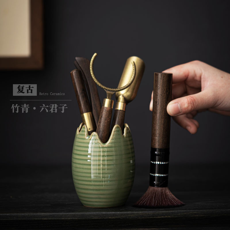 黑檀木纹茶道六君子套装泡茶工具茶夹茶刀茶勺杯叉养壶笔茶具配件