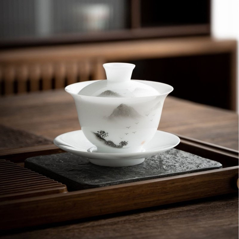 德化冰种玉瓷手绘水墨茶具三才盖碗茶杯白瓷家用功夫手工上釉套装