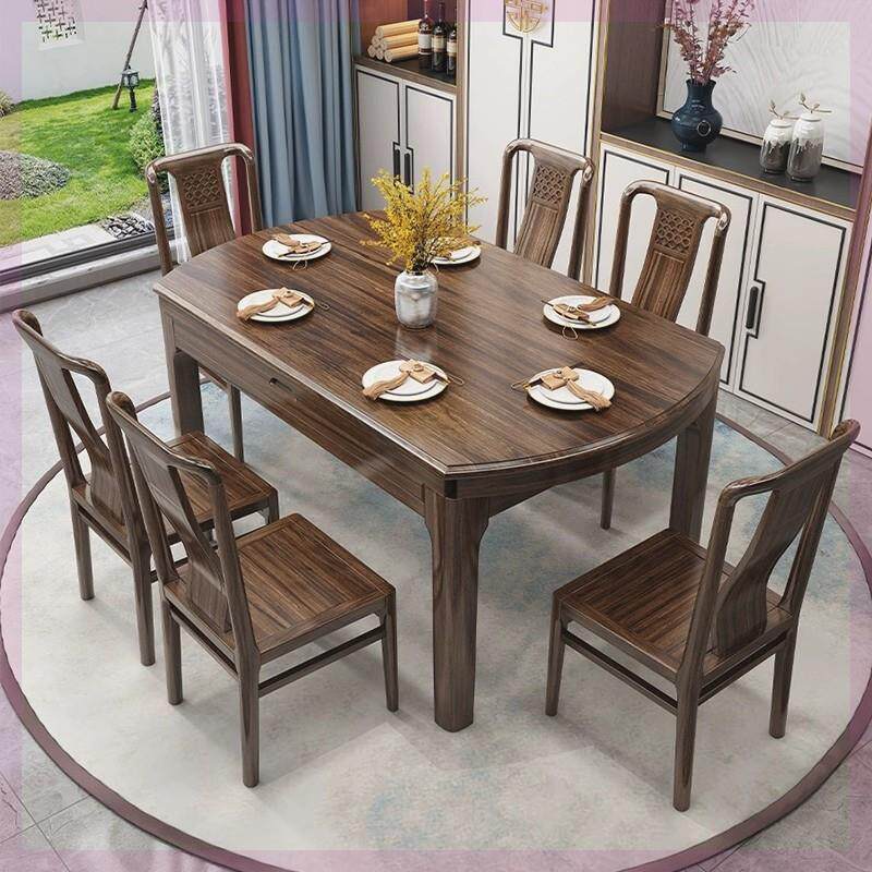 K莰3家庭餐桌乌金木餐桌全实木组合餐椅新中式餐台可伸缩方桌变圆
