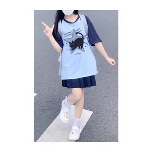 t恤女小个子多巴胺撞色流行宽松小众百搭上衣 夏季 新款 插肩袖 短袖