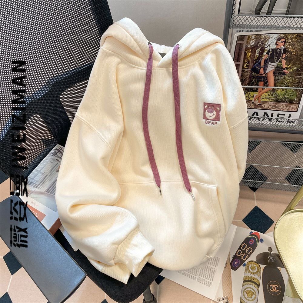 薄款杏色小熊印花连帽卫衣女春秋新款oversize宽松韩版百搭上衣潮