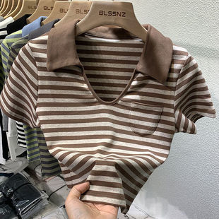 v领短袖 条纹上衣女polo领ins潮 t恤女夏季 纯欲别致设计感辣妹短款