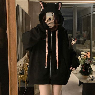 美式甜妹可爱猫咪耳朵加绒连帽卫衣外套女开衫慵懒风休闲夹克秋冬