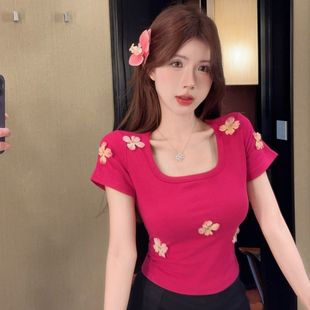 法式 显瘦百搭外穿上衣 纯欲风花朵方领露锁骨短袖 T恤女夏辣妹修身