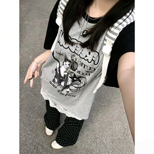 美式潮流拉琴猫咪印花宽松T恤短袖夏季涂鸦设计新款插肩上衣ins潮