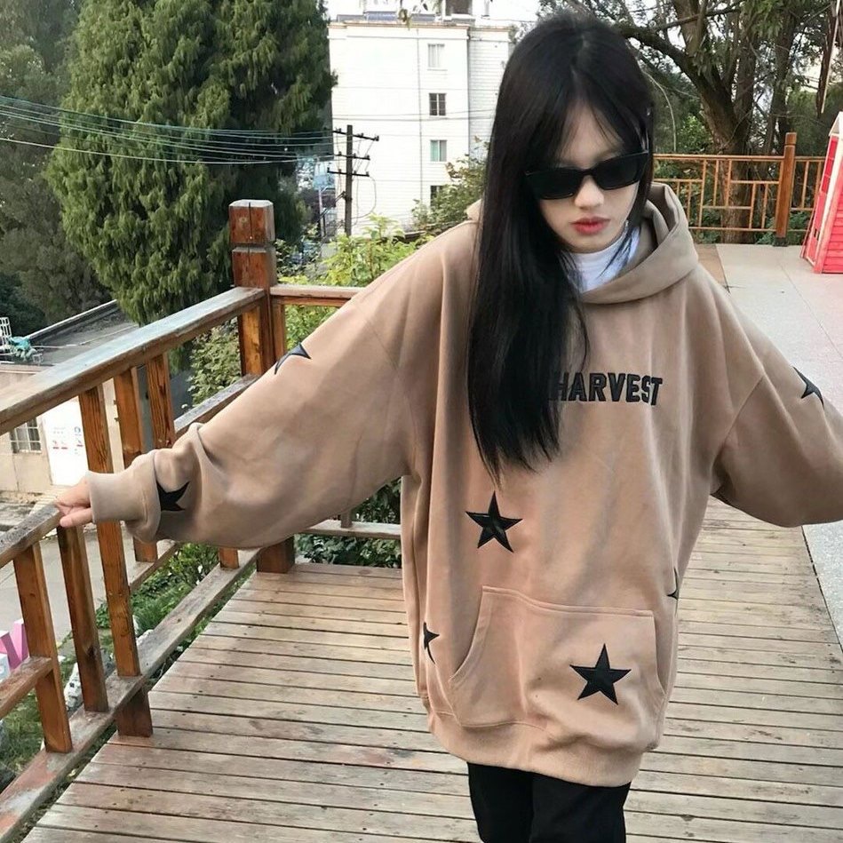 美式复古星星印花连帽套头卫衣女春秋季薄款设计感oversize外套潮