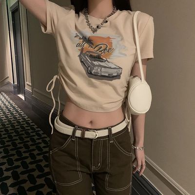 美式辣妹正肩短袖T恤女夏季新款修身甜辣卡通印花抽绳短款上衣ins