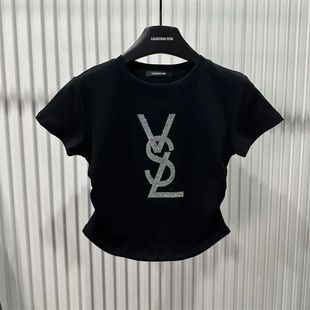 上衣ins 纯欲甜辣妹正肩圆领短袖 T恤女夏季 修身 显瘦设计感百搭短款