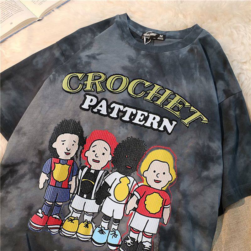 2026夏装新款情侣装扎染卡通印花宽松短袖T恤女国潮半袖学生上衣