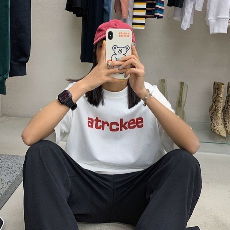 短袖T恤女学生韩版夏季ins蝴蝶印花半袖体恤宽松胖MM大码女装潮流