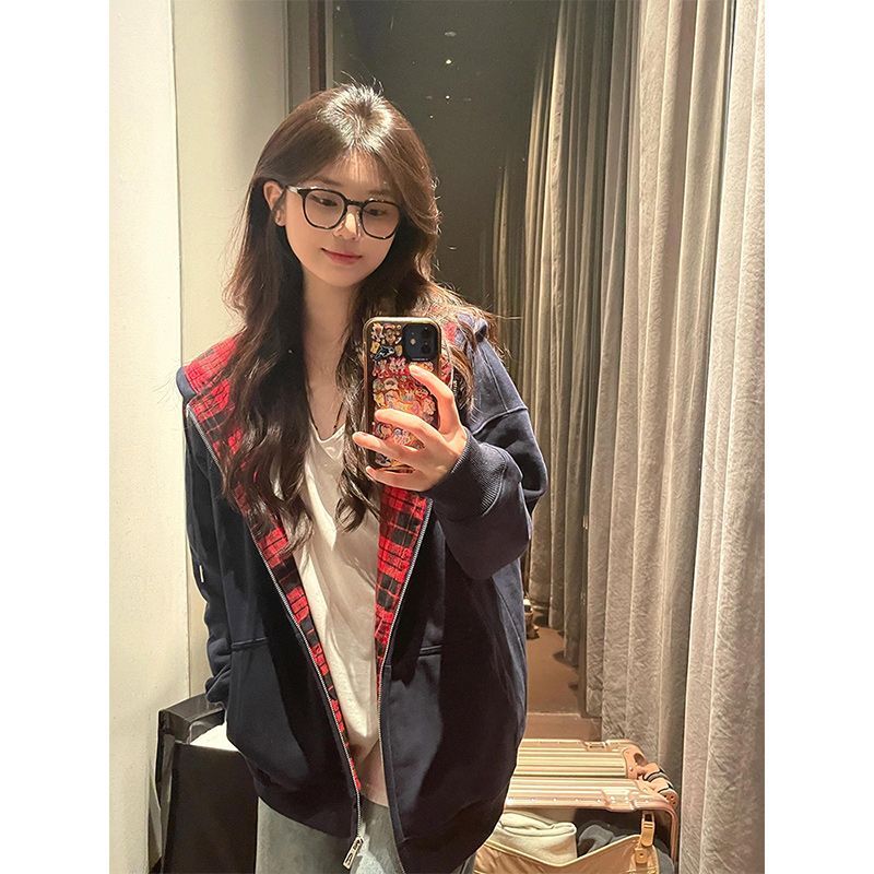撞色格子连帽卫衣女秋冬oversize加绒加厚外套宽松开衫慵懒风上衣