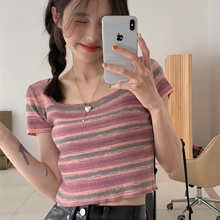 夏季新款方领紧身纯欲上衣短袖女短款撞色条纹t恤修身显瘦针织衫