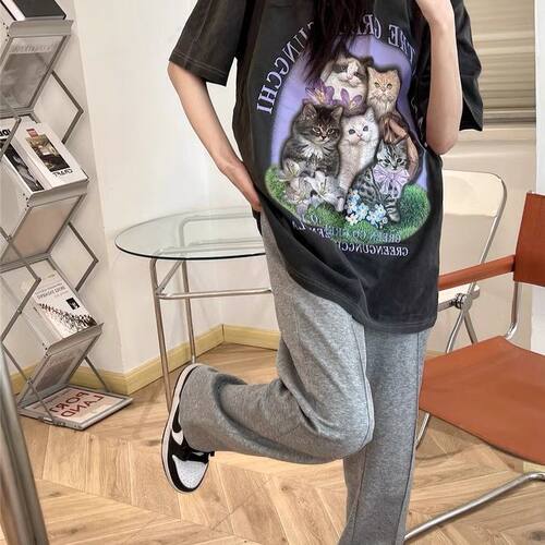 夏季新款港式复古猫咪印花短袖t恤女ins潮宽松韩版慵懒风chic上衣