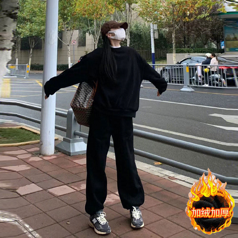 美式黑色运动服秋冬季套装女卫衣