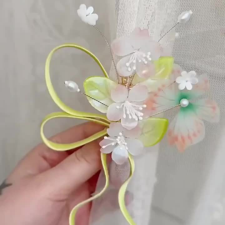 手工清新绿丝带樱花花朵侧边夹古风汉服仙女温柔仙气百搭发饰配饰