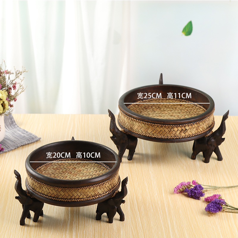 果盘创意现代客厅家用泰国v实木个性大象竹编水果盘干果盘摆件饰