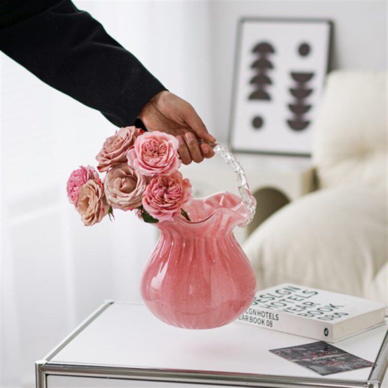 高级感精致轻奢琉璃手提篮花瓶玻璃花篮客厅家居R软装饰品插花摆