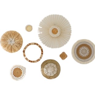 X1AW墙壁装 合集圆形原木草C编藤编麻绳波西米亚客厅背景壁 饰套装