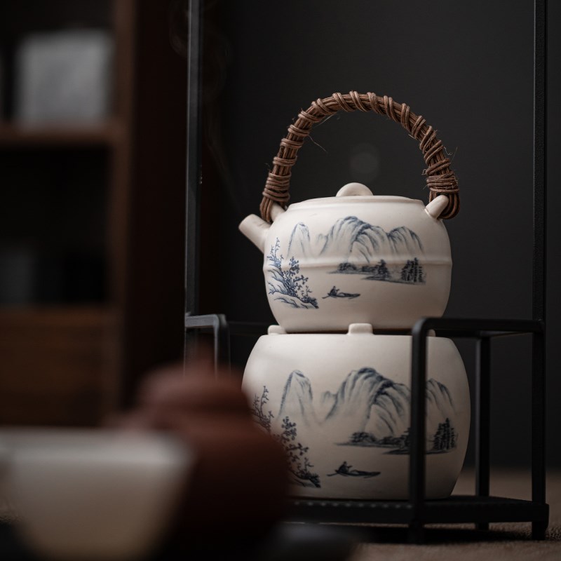 中式陶瓷山水煮茶壶小号固体酒精炉煮茶器S提梁壶户外便携