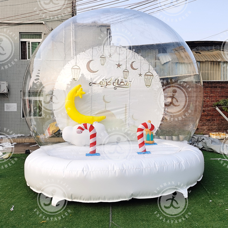 户外充气雪花球夜间氛围灯光派对充气雪景球透明音乐蹦床舞台